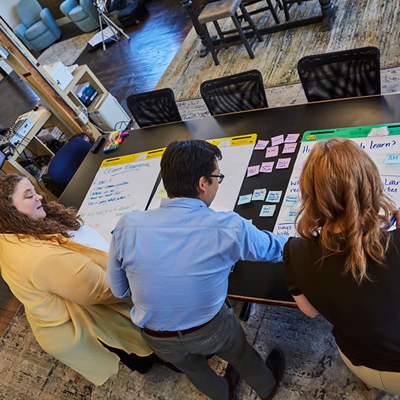 Three employees organizing post-it notes and flip boards on a table