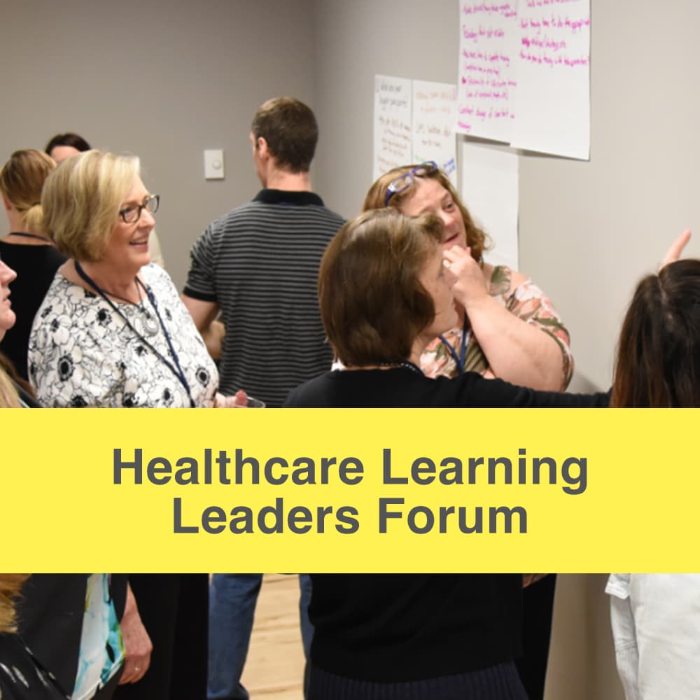 Healthcare learning leaders forum caption, image of community members in small groups discussing ideas on flipcharts