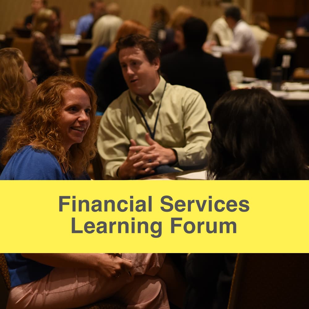 Financial Services Learning Forum caption, image of Community members chatting